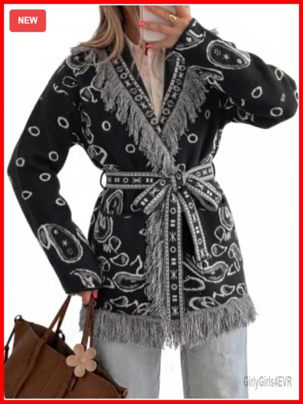 Womens Fringe Cardigan Long Sleeve Paisley Sweater With Belt